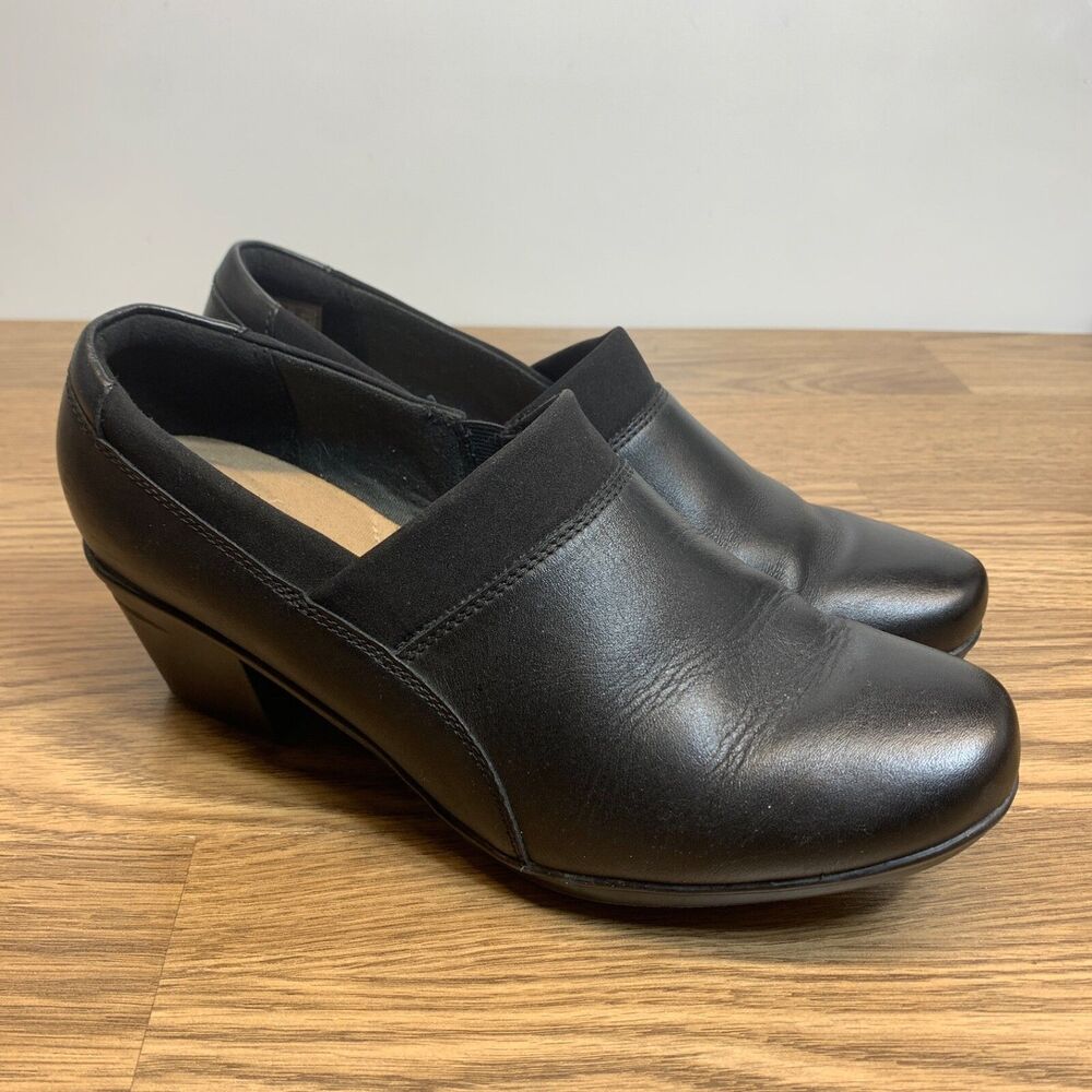Clarks Womens Emslie Summit Slip-On Block Heel Black Leather Loafer‎ Size 8 W